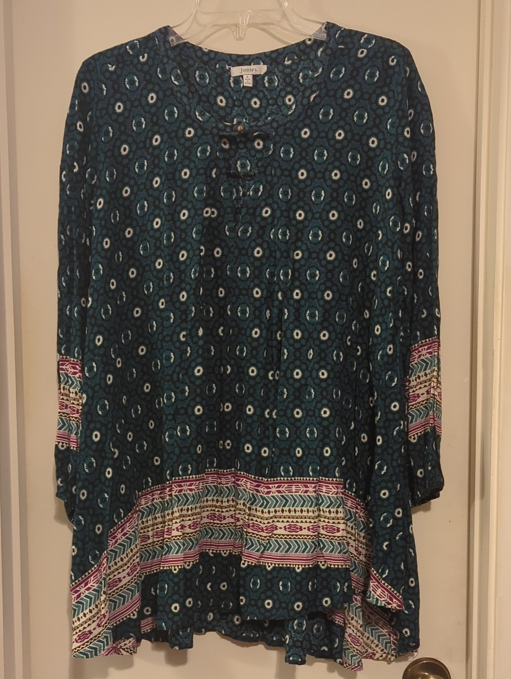 JODIFL Teal & Navy Printed Boho Tunic with Multicolor Border